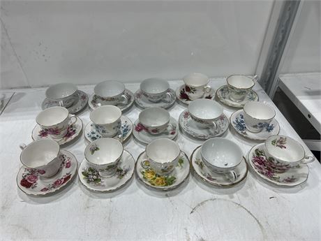 LOT OF 15 TEACUP/SAUCER SETS - ASSORTED BRANDS - ROYAL ADDERLY, QUEEN ANNE ETC.