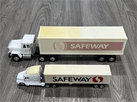 2 PLASTIC SAFEWAY DELIVERY TRUCKS - LARGER ONE IS 19”
