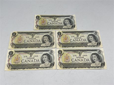 5 SEQUENTIAL CANADIAN 1973 $1 BILLS - LN32949XX - NEAR MINT COND.
