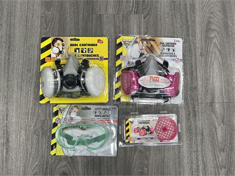 2 NEW DUAL CARTRIDGE RESPIRATORY MASKS W/ EXTRA CARTRIDGES + SAFTEY GOGGLES