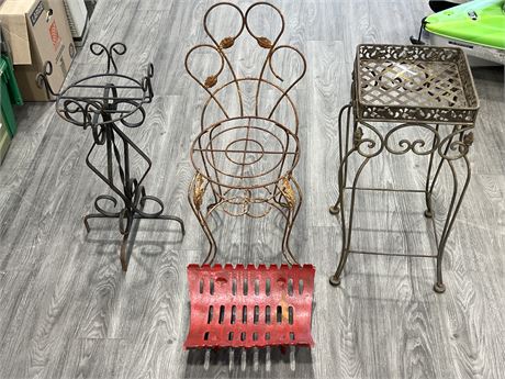 3 OUTDOOR IRON PLANT STANDS (29” tall) & METAL LOG HOLDER