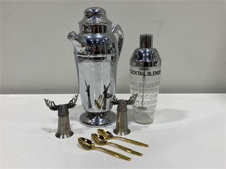 STAINLESS STEEL COCKTAIL BLENDER, SHAKER/PITCHER, JAPANESE SPOONS, JAGER ITEMS