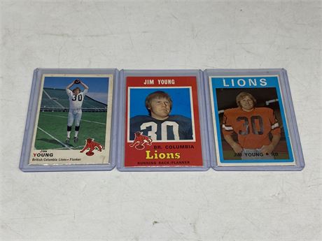 (3) 1970-72 JIM YOUNG BC LIONS CARDS