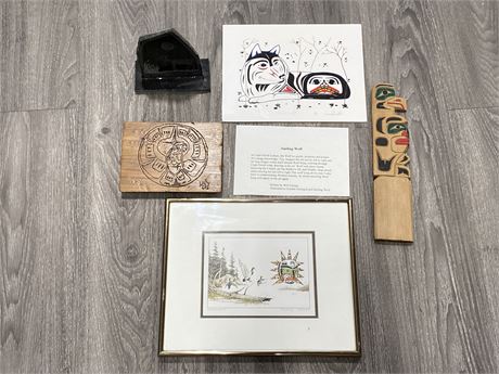 LOT OF NATIVE CARVINGS & SIGNED SMILING WOLF (11”X8.5”) & SUNSWEPT PRINT