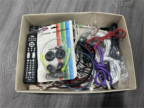 LOT OF ASSORTED CABLES & UNIVERSAL REMOTES