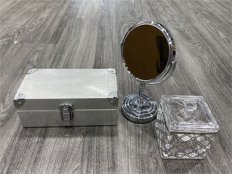 SILVER STORAGE BOX, GLASS STORAGE CONTAINER W/LID + MAKEUP MIRROR (10” TALL)