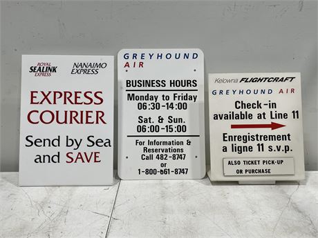 2 GREYHOUND AND 1 SEA LINK SIGNS - MIDDLE ONE IS 18” X 12”