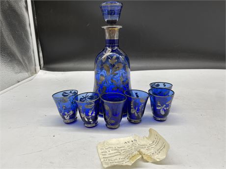 VENITIAN GLASS COBALT BLUE  STERLING SILVER OVELPY DECANTER & SHOT GLASSES