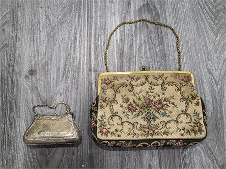 2 VINTAGE PURSES, SMALL SILVER PLATE & 1 CLOTH