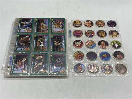 LOT OF WRESTLING CARDS & PINS