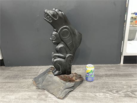SIGNED MUSEUM SIZED ARGILLITE FIRST NATIONS HAND CARVED ON STAND (22” tall)