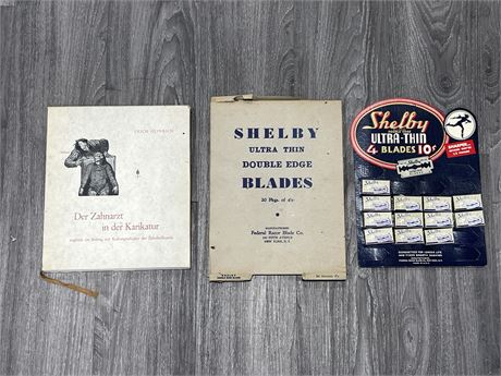 NEW OLD STOCK RAZORS W/DISPLAY & GERMAN HISTORY OF DENTISTRY BOOK