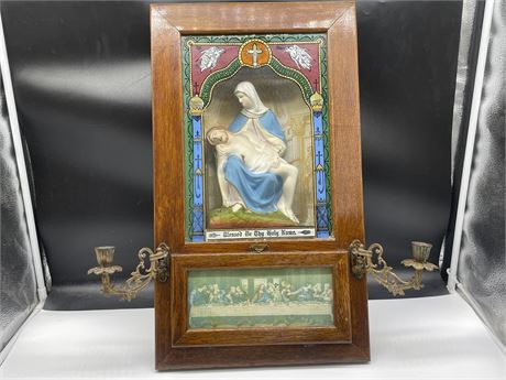 ANTIQUE RELIGIOUS CABINET WITH CANDLE HOLDERS 13”x23”