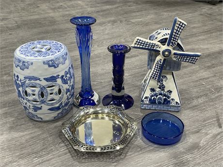 BLUE & WHITE CHINA INCL: WINDMILL MUSIC BOX & BLUE GLASS CANDLESTICKS/DISH &