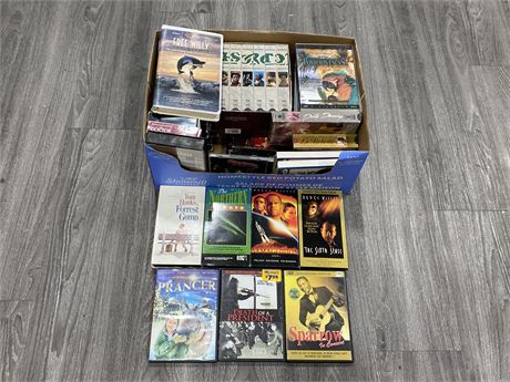BOX OF VHS TAPES W/SOME DVDS & CDS