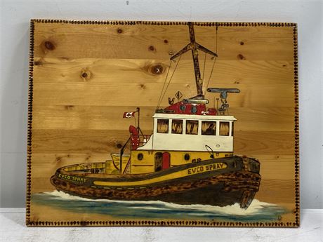 HAND MADE WOODEN CARVED EVCC SPRAY NEW WESTMINSTER BC TUG BOAT SIGNED (20”X15”)