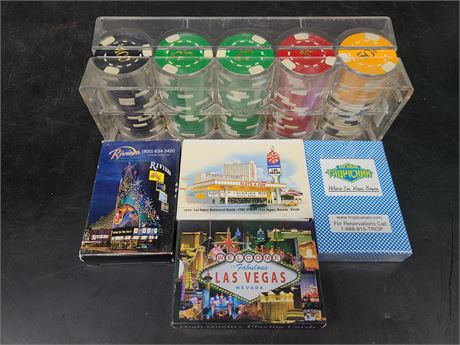 VINTAGE 1970'S REAL CASINO CHIPS + PLAYING CARDS