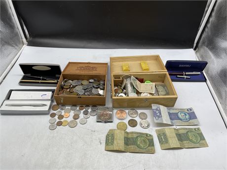 2 WOODEN BOXES OF MISC COINS & TOKENS + 3 WRITING PENS/PENCILS