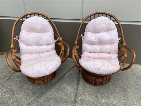 2 DECORATIVE RATTAN WOOD SPINNING CHAIRS