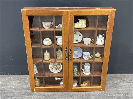 DISPLAY CASE W/MINI TEA CUPS, SHOES ETC. (SOME MADE IN ENGLAND)