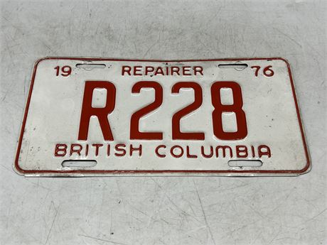 1976 RARE BC REPAIRER LICENSE PLATE
