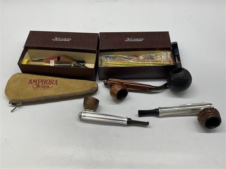 6 ASSORTED PIPES WITH CLEANING TOOLS + POUCH