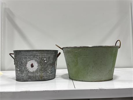 2 RUSTIC PALES (GREEN IS 16” TALL 21” WIDE - GREY 10” TALL 15” WIDE)