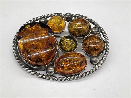 ANTIQUE BALTIC AMBER BROOCH / PENDANT TESTED STERLING SILVER