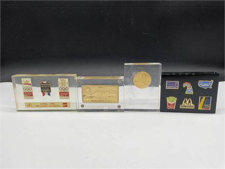 LOT OF 4 VINTAGE MCDONALDS LUCITE PLAQUES WITH PINS & COINS