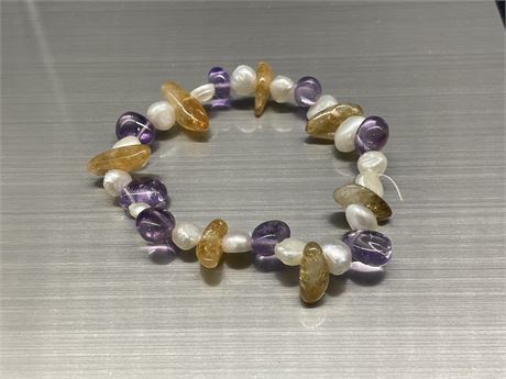 NATURAL BALTIC AMBER, AMETHYST AND PEARL STRETCH BRACELET