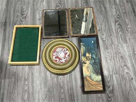 VINTAGE LOT - DECORATIVE BRASS 16” , 2 EARLY VINTAGE MIRRORS, SHADOW BOX & ECT