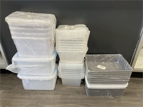 17 NEW LIDDED TOTES & 10 NEW PLASTIC BASKETS - ASSORTED SIZES