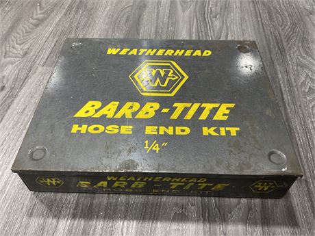 VINTAGE METAL WEATHERHEAD BARB TITE KIT CASE (15” wide)