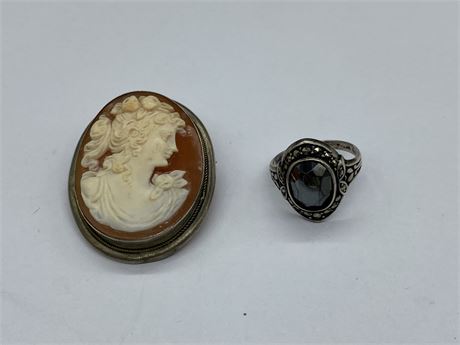 ANTIQUE STERLING MARKED CAMEO WITH RING