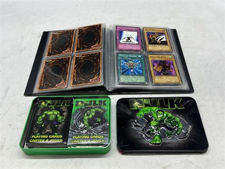 SMALL BINDER OF FIRST EDITION YU-GI-OH CARDS & HULK PLAYING CARDS