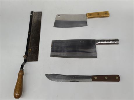 2 HEAVY CLEAVERS, CUTCO KNIFE AND ANTIQUE SAW