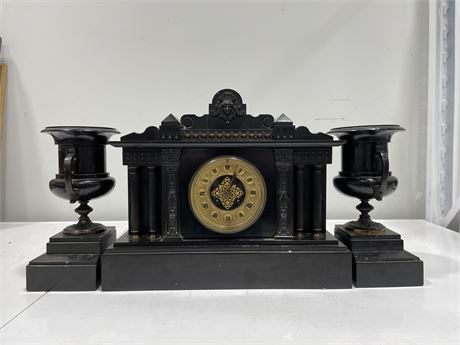 23.5” x 12” STONE FRONTED MANTLE CLOCK W/ KEY