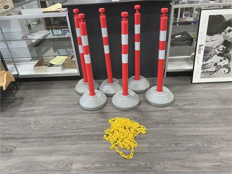 6 PYLONS WITH BASES & 30’ YELLOW CHAIN