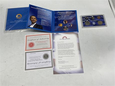 2 BARACK OBAMA PRESIDENTIAL COINS COLLECTION WITH COA & MINT PROOF SET