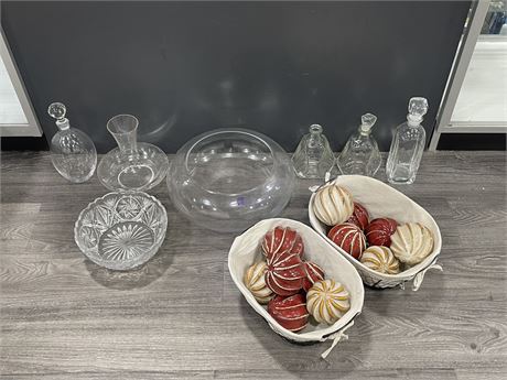 CRYSTAL / GLASS BOWLS & DECANTERS + 2 BASKETS OF CERAMIC BALLS