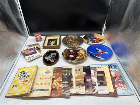 LOT OF VINTAGE COOK BOOKS, COLLECTOR PLATES & ECT