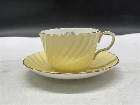 VINTAGE AYNSLEY CUP + SAUCER YELLOW SWIRL / FLOWERS