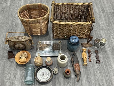 LARGE LOT OF MISC. HOME DECOR ITEMS - WOOD CARVINGS, POTTERY + OTHERS