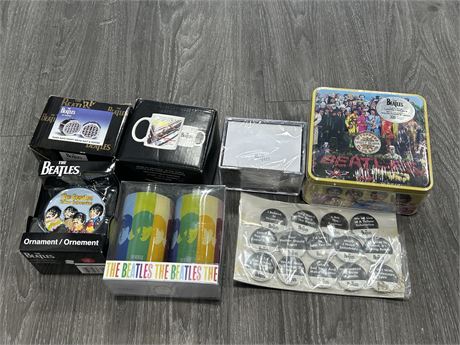 NEW/SEALED BEATLES COLLECTIBLES - PUZZLE, CUPS, PINS + OTHERS