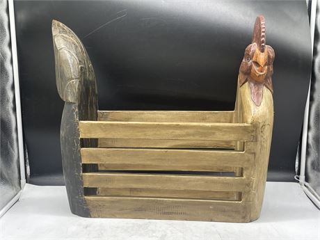 WOODEN ROOSTER MAGAZINE RACK - HAND CARVED ART DECO 20”x8”x20”