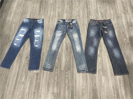 3 NEW WITH TAGS JEANS: TRUE BLUE SIZE 33/34, SOUTH POLE 36/32, & BAUHAUS