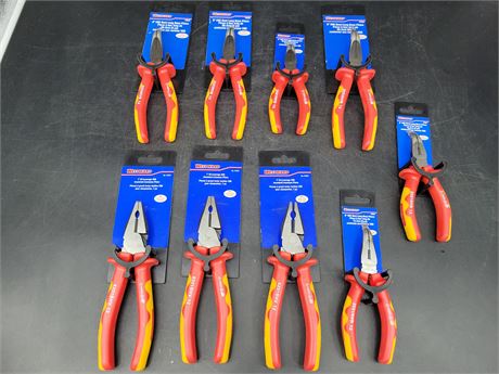 3 INSULATED LINESMAN PLIERS / 5 LONG NOSE PLIERS