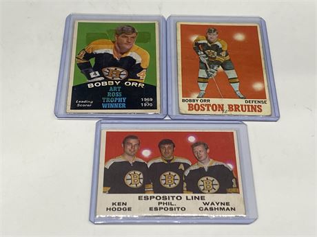 1970/71 OPC BOBBY ORR CARDS (Creased & tape residue, #3 card book value $250)