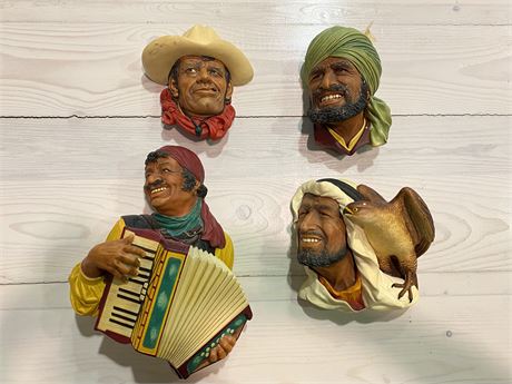 4 VINTAGE BOSSONS CHALKWARE HEADS (MADE IN ENGLAND)