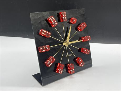 VINTAGE CASINO GAMING STYLE CLOCK W/ RED DICE - 9”x9”